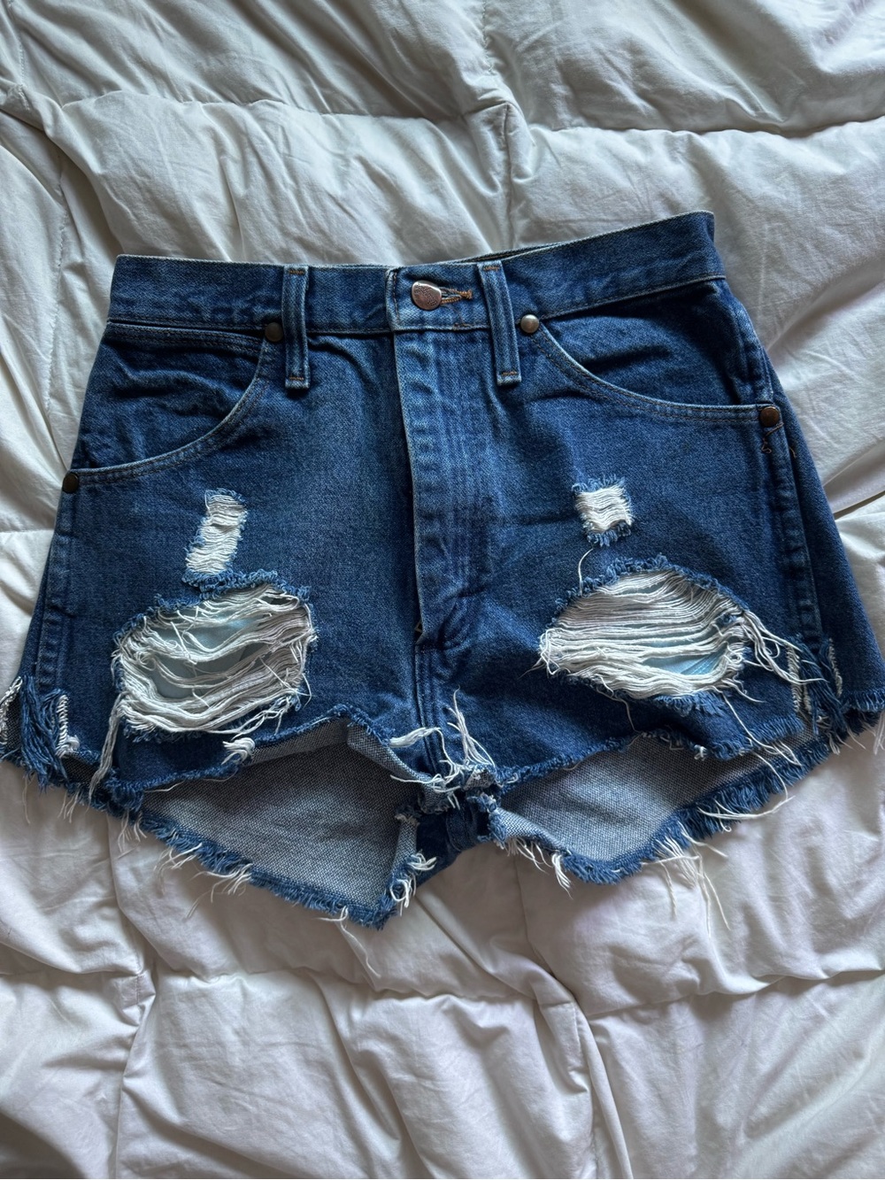 Wrangler Dark Blue Distressed High-Waist Denim Shorts